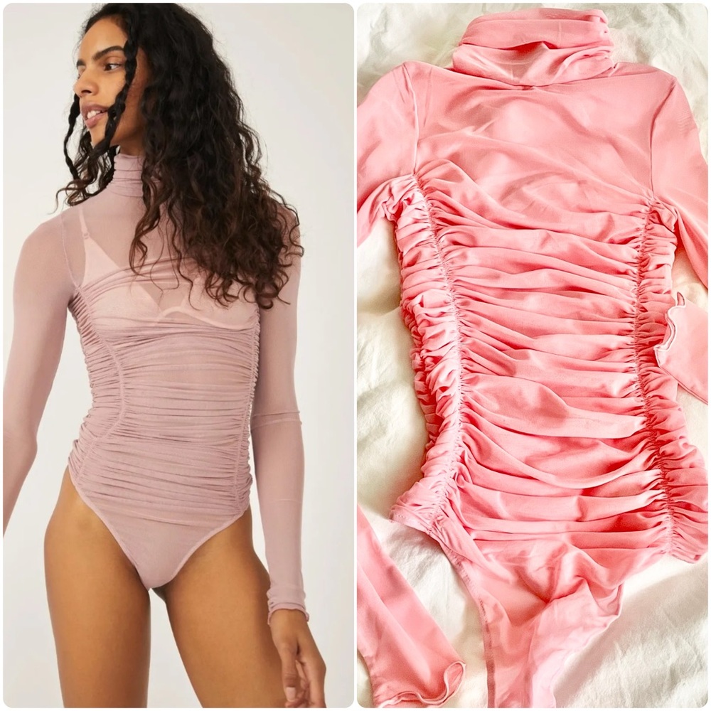 Free People Pink Ruched Turtleneck Bodysuit
